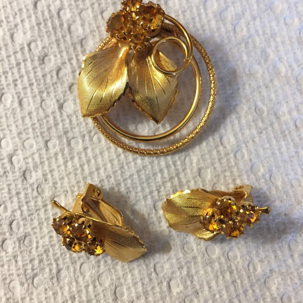 Brooch and Clip Earring Set Gold Tone w/ Topaz crystals